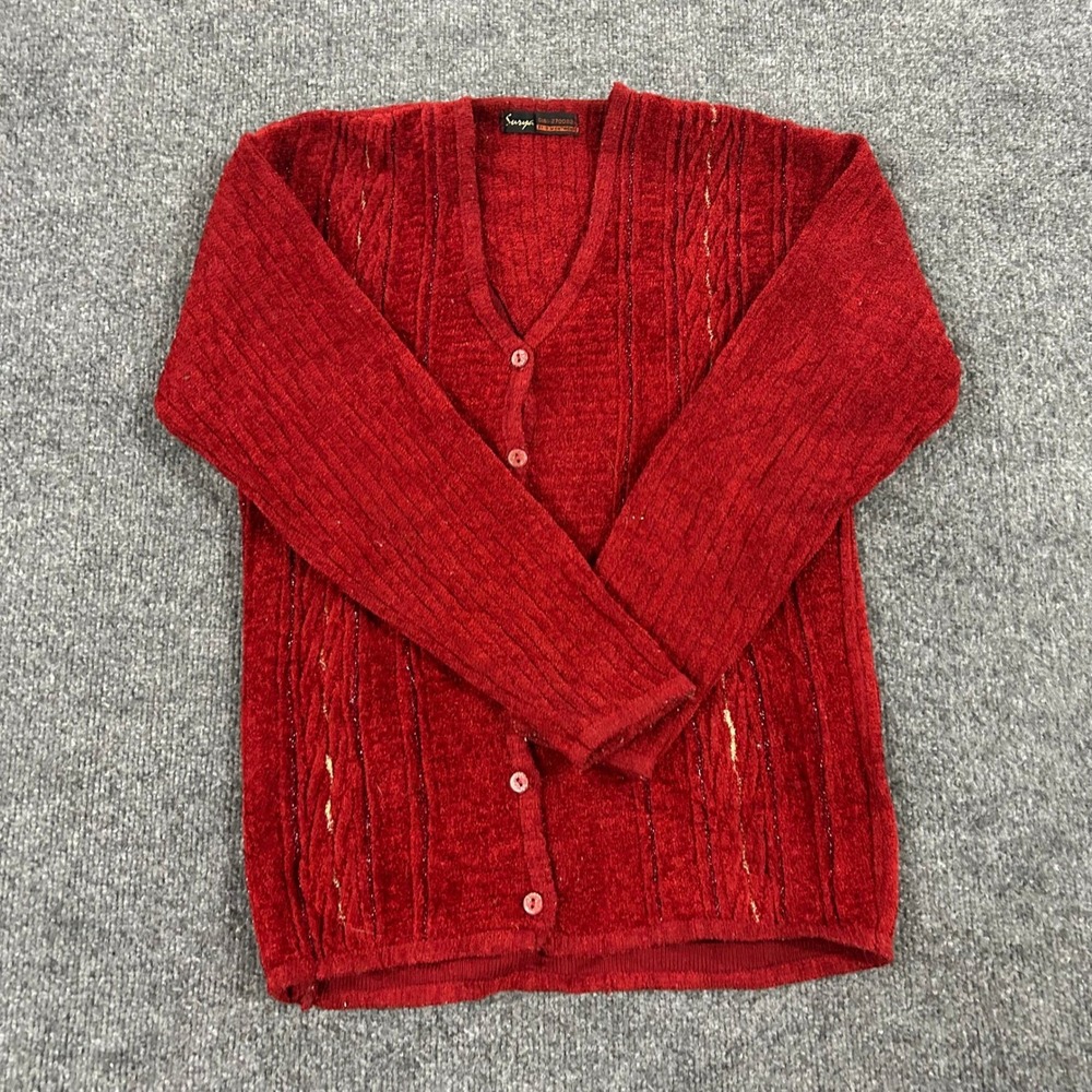Surya Cardigan Womens Size M Red Chenille Knit Metallic Stripe V-Neck Button Up